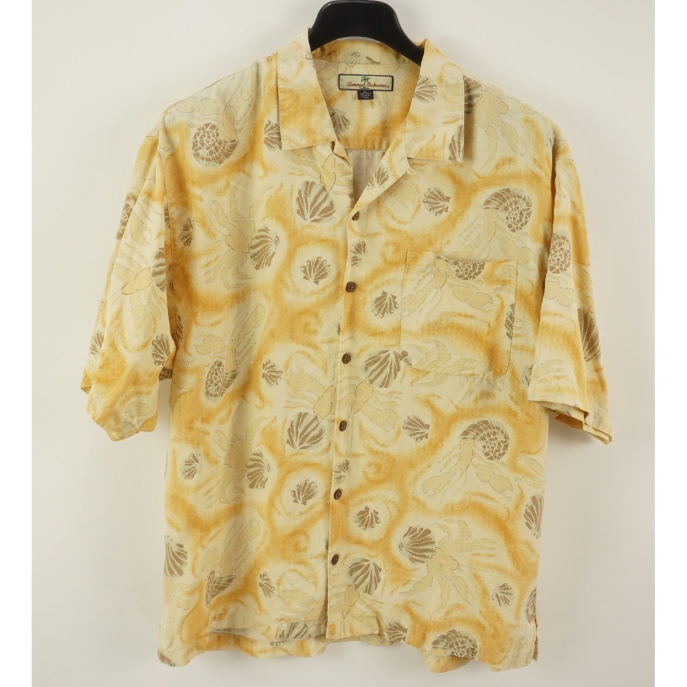 Vintage Tommy Bahama Loop Collar Silk Lobster Shell Camp Shirt Men's XL Orange